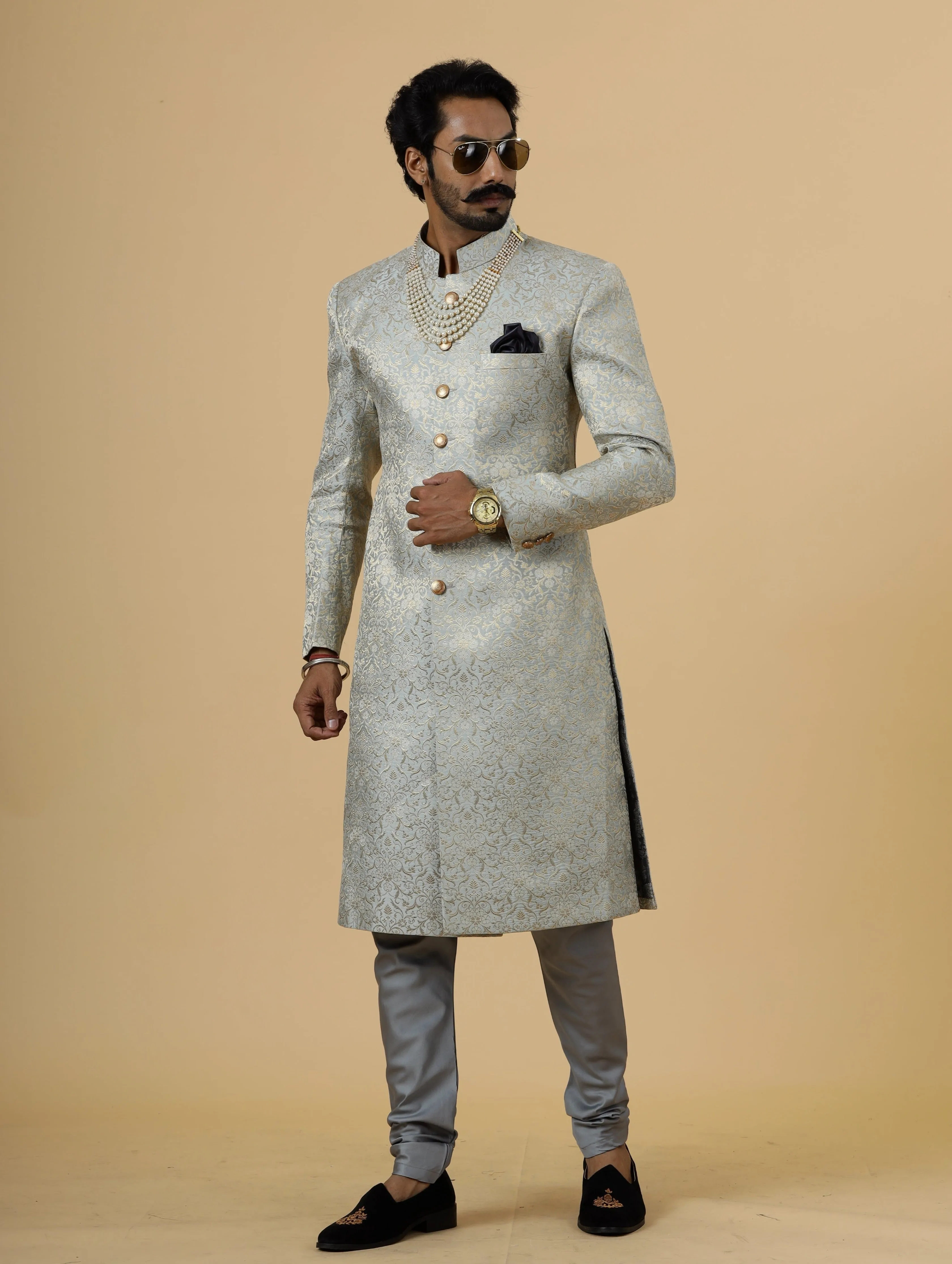 Stunning Grey Banarasi Brocade Achkan for Men | Father Son Combo | Pastel Colour Sherwani | Perfect for Grooms