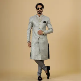 Stunning Grey Banarasi Brocade Achkan for Men | Father Son Combo | Pastel Colour Sherwani | Perfect for Grooms