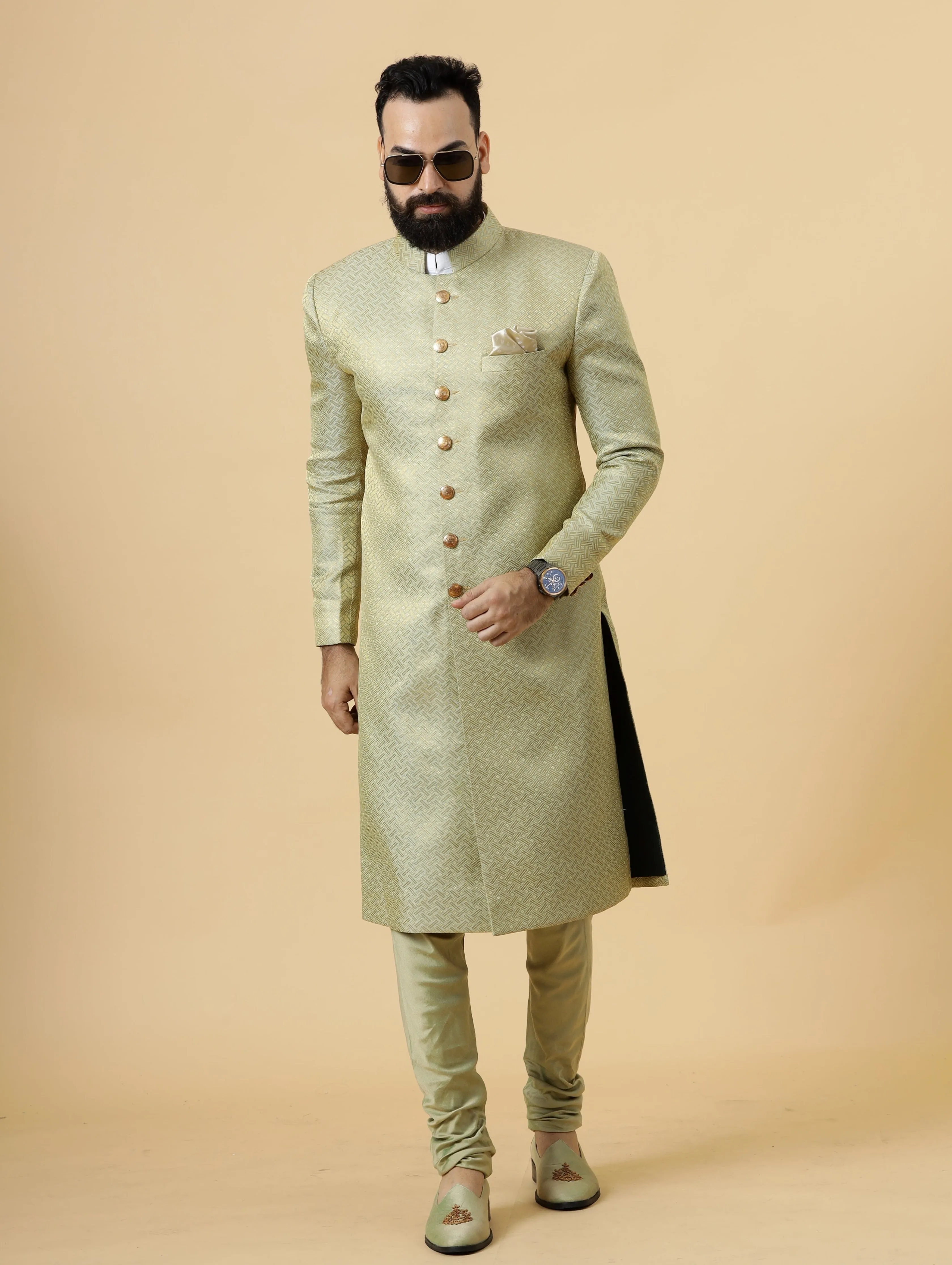 Stunning Lime Gold Banarasi Brocade Achkan for Men | Father Son Combo | Perfect for Grooms