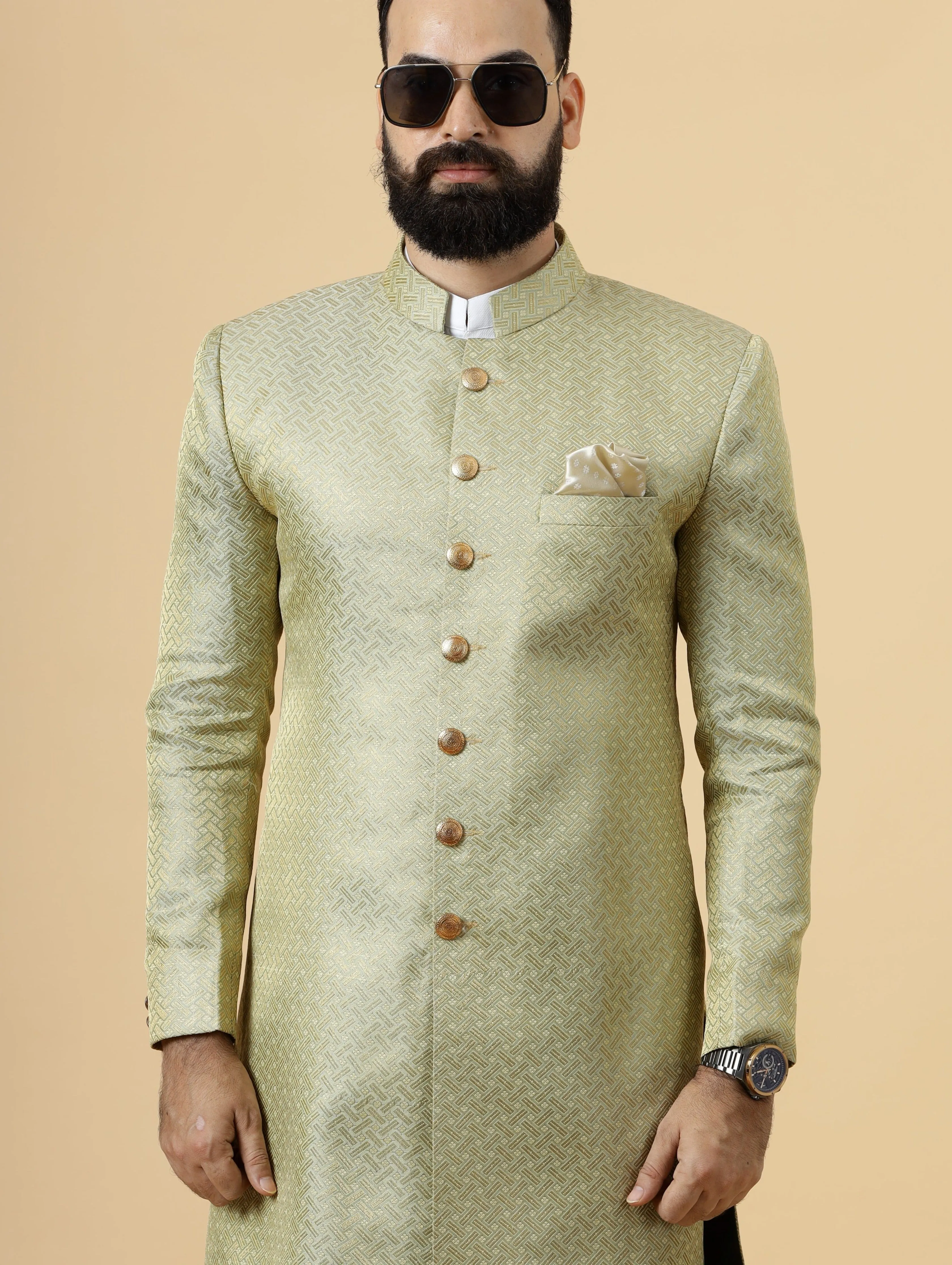 Stunning Lime Gold Banarasi Brocade Achkan for Men | Father Son Combo | Perfect for Grooms