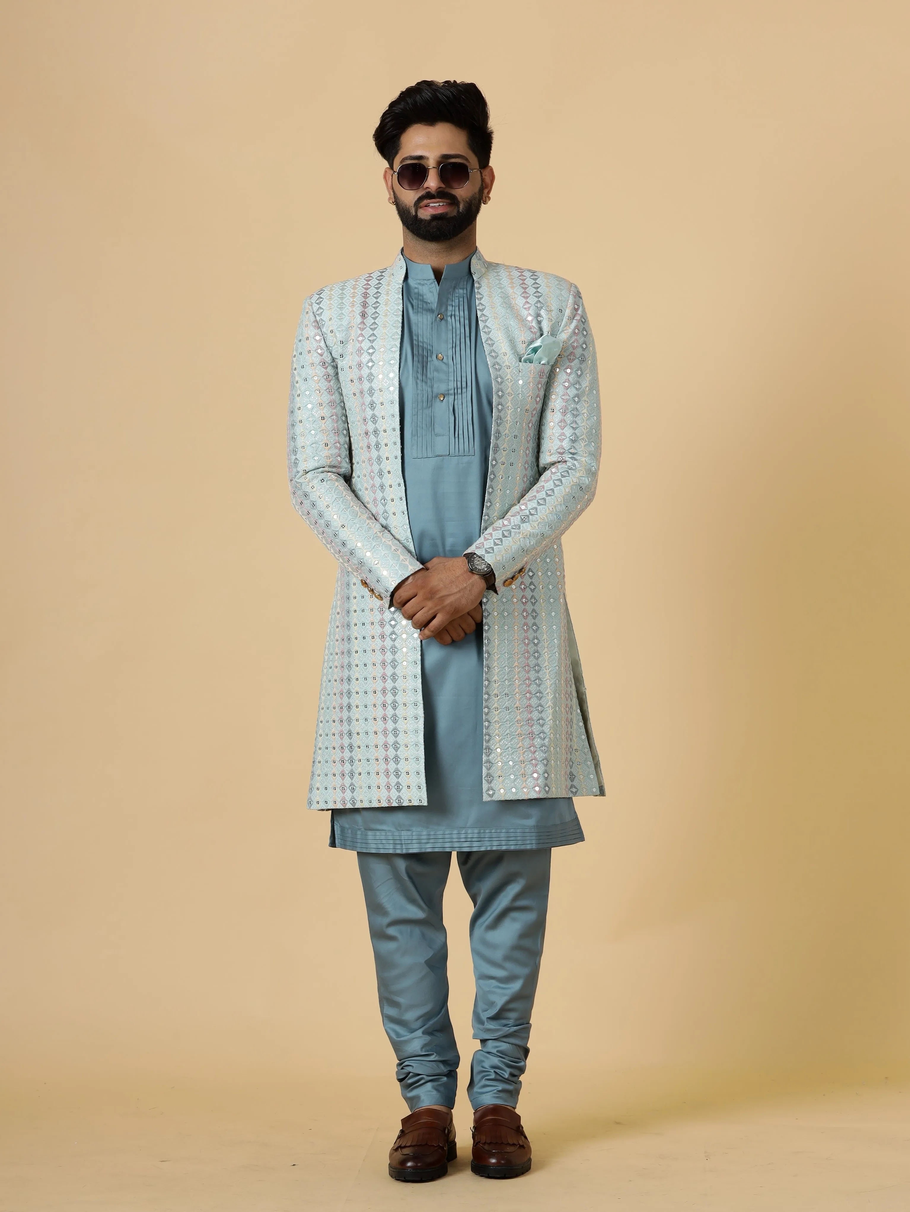 Stunning Mirror Embroidered Sky-Blue Open Sherwani with Turquoise Blue Kurta Pajama for Men | Father Son Combo | Turquoise Blue Color |Sky Blue Sherwani | Perfect for Grooms