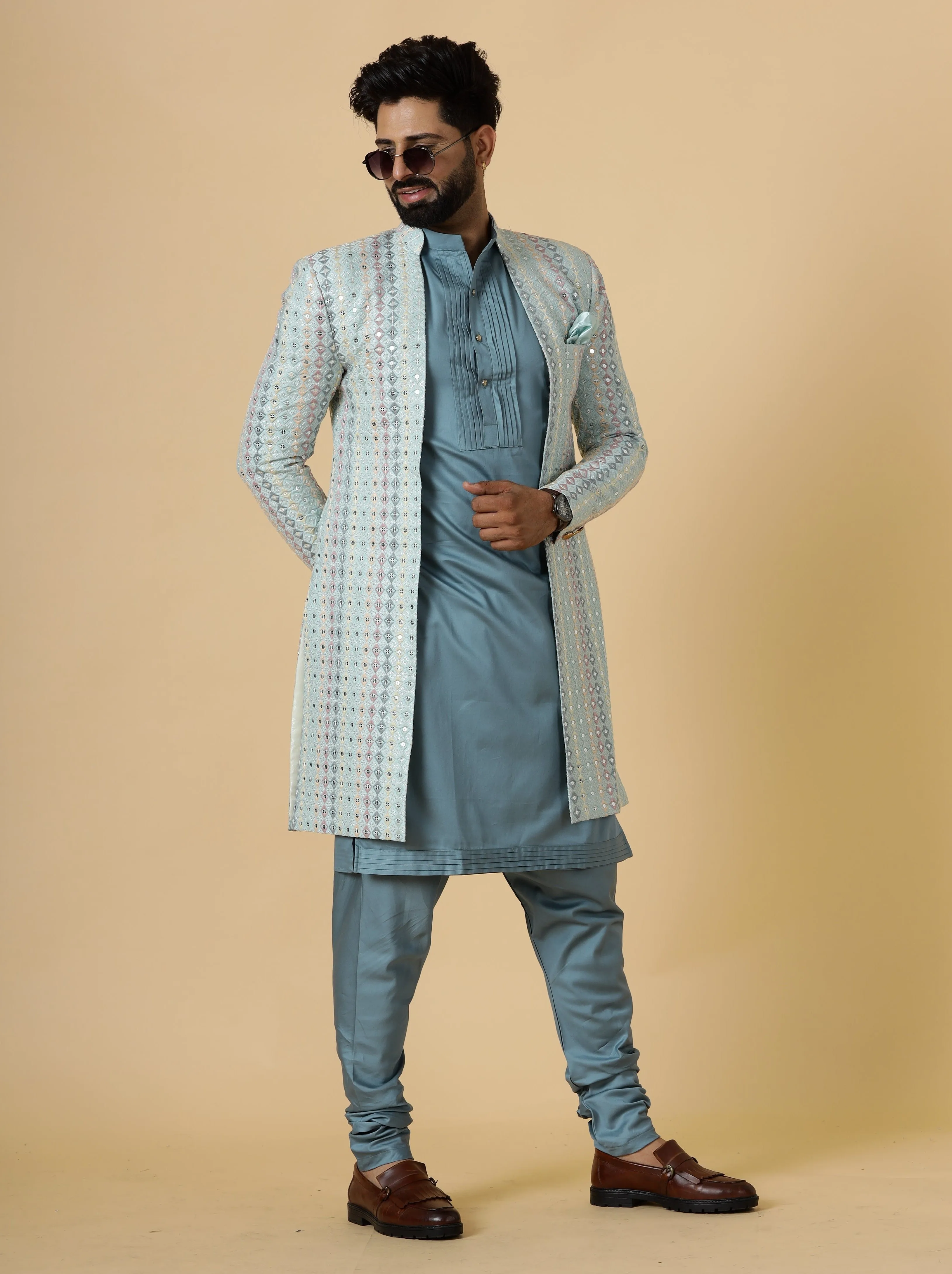 Stunning Mirror Embroidered Sky-Blue Open Sherwani with Turquoise Blue Kurta Pajama for Men | Father Son Combo | Turquoise Blue Color |Sky Blue Sherwani | Perfect for Grooms