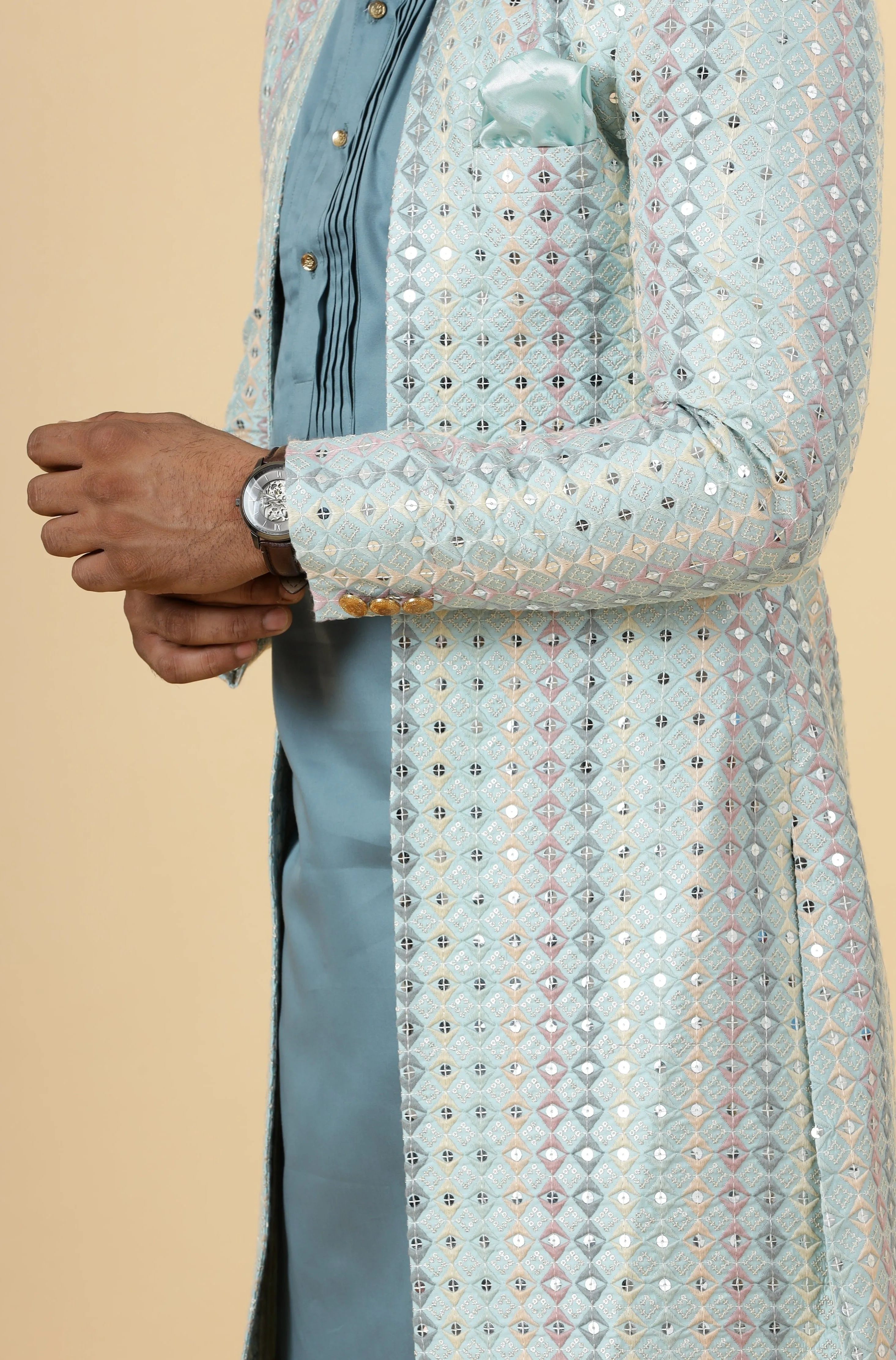 Stunning Mirror Embroidered Sky-Blue Open Sherwani with Turquoise Blue Kurta Pajama for Men | Father Son Combo | Turquoise Blue Color |Sky Blue Sherwani | Perfect for Grooms