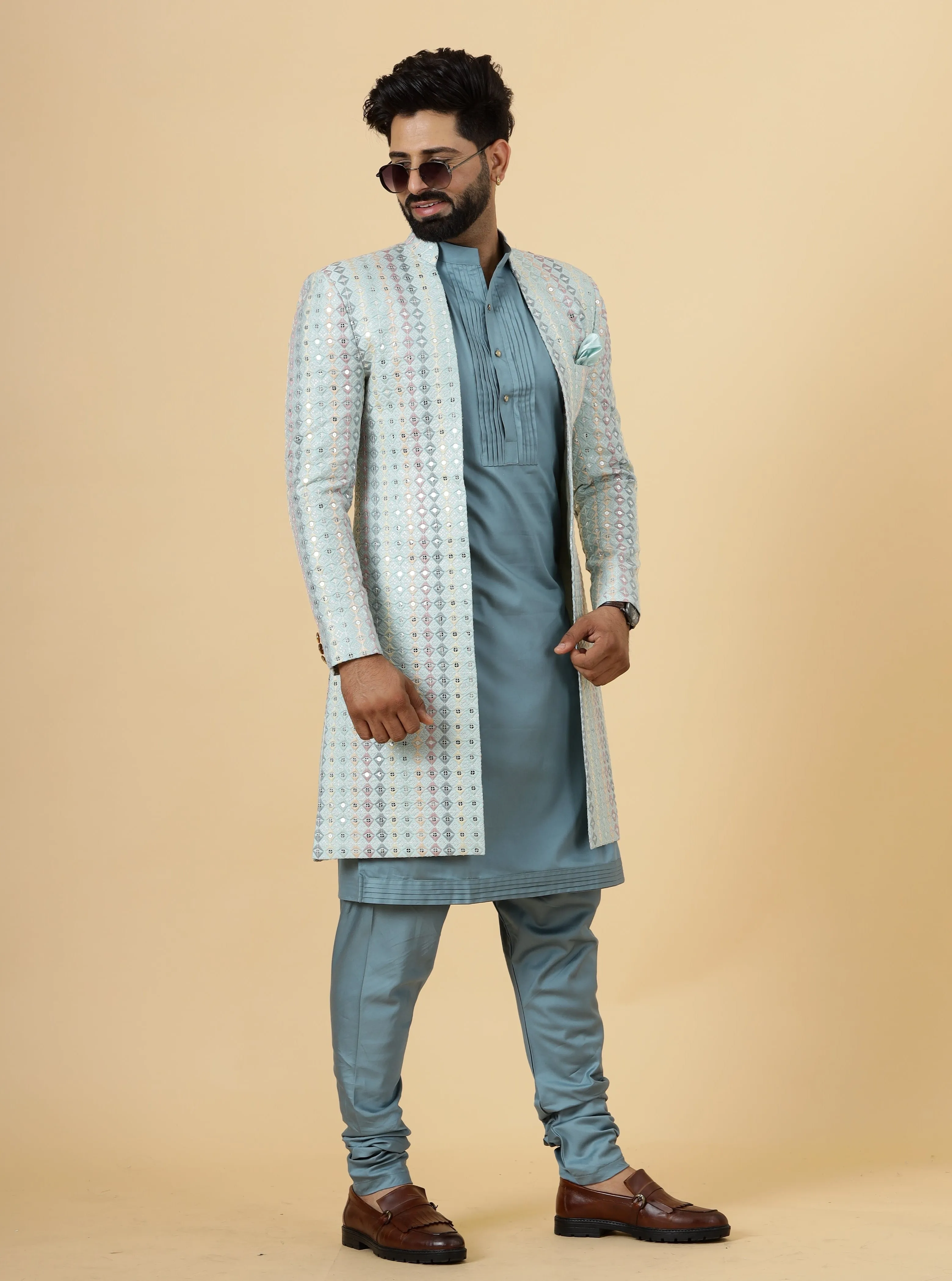 Stunning Mirror Embroidered Sky-Blue Open Sherwani with Turquoise Blue Kurta Pajama for Men | Father Son Combo | Turquoise Blue Color |Sky Blue Sherwani | Perfect for Grooms