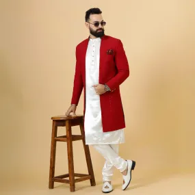 Stunning Red Chikankari Open Sherwani paired with Off-White Kurta Pajama for Men  | Father Son Combo | Red- White Color | Chikankari Sherwani | Perfect for Grooms