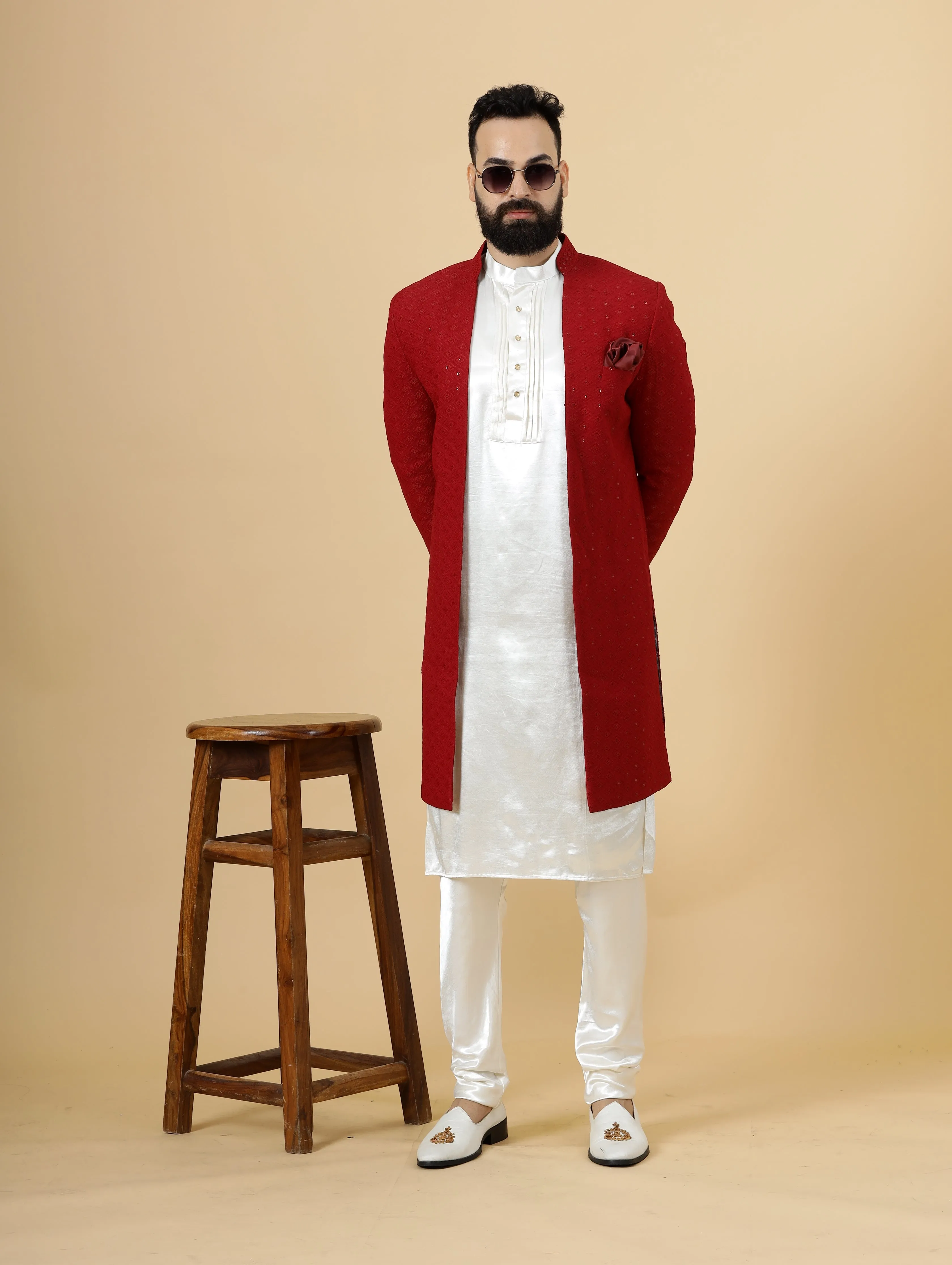 Stunning Red Chikankari Open Sherwani paired with Off-White Kurta Pajama for Men  | Father Son Combo | Red- White Color | Chikankari Sherwani | Perfect for Grooms