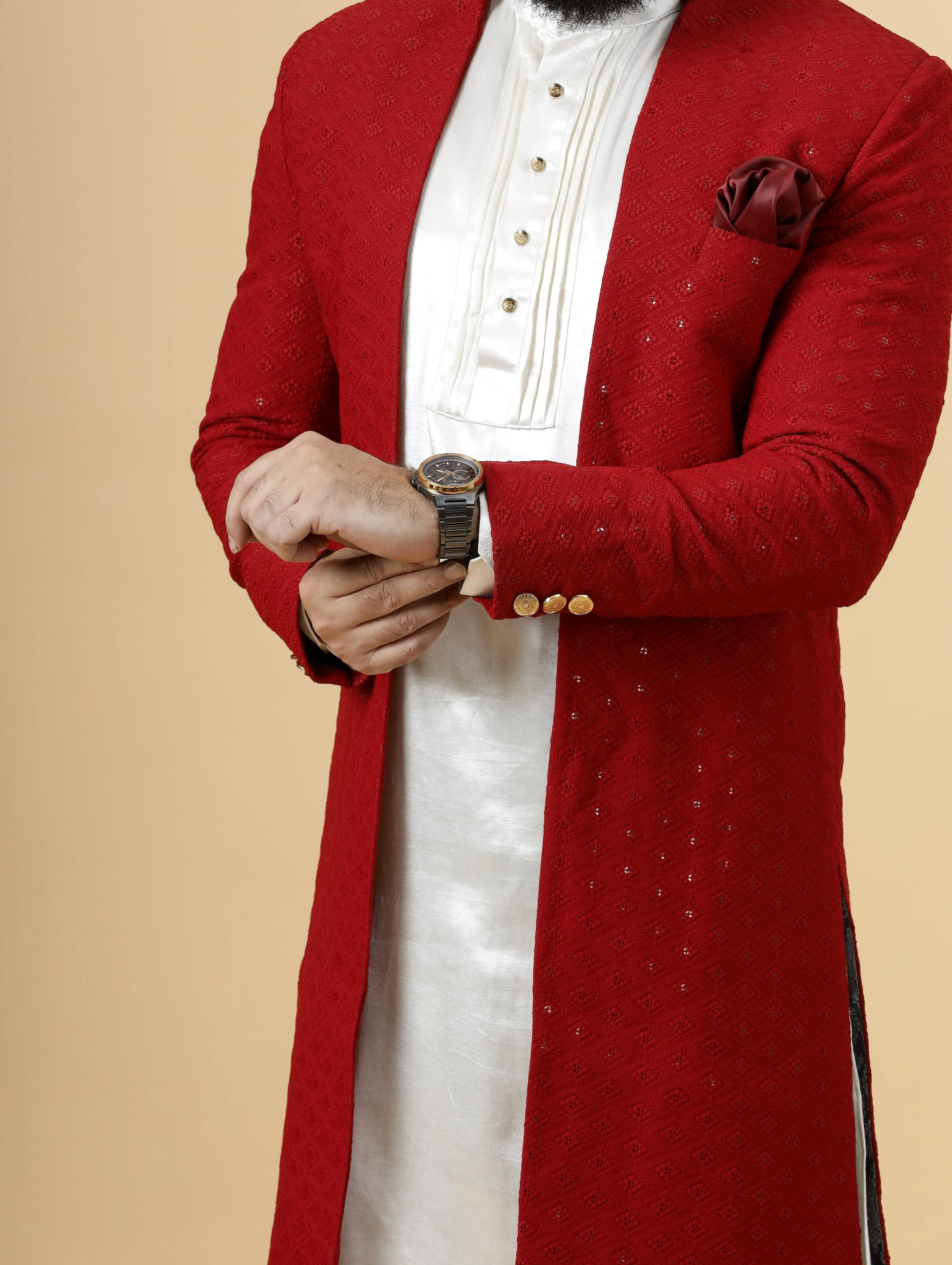 Stunning Red Chikankari Open Sherwani paired with Off-White Kurta Pajama for Men  | Father Son Combo | Red- White Color | Chikankari Sherwani | Perfect for Grooms