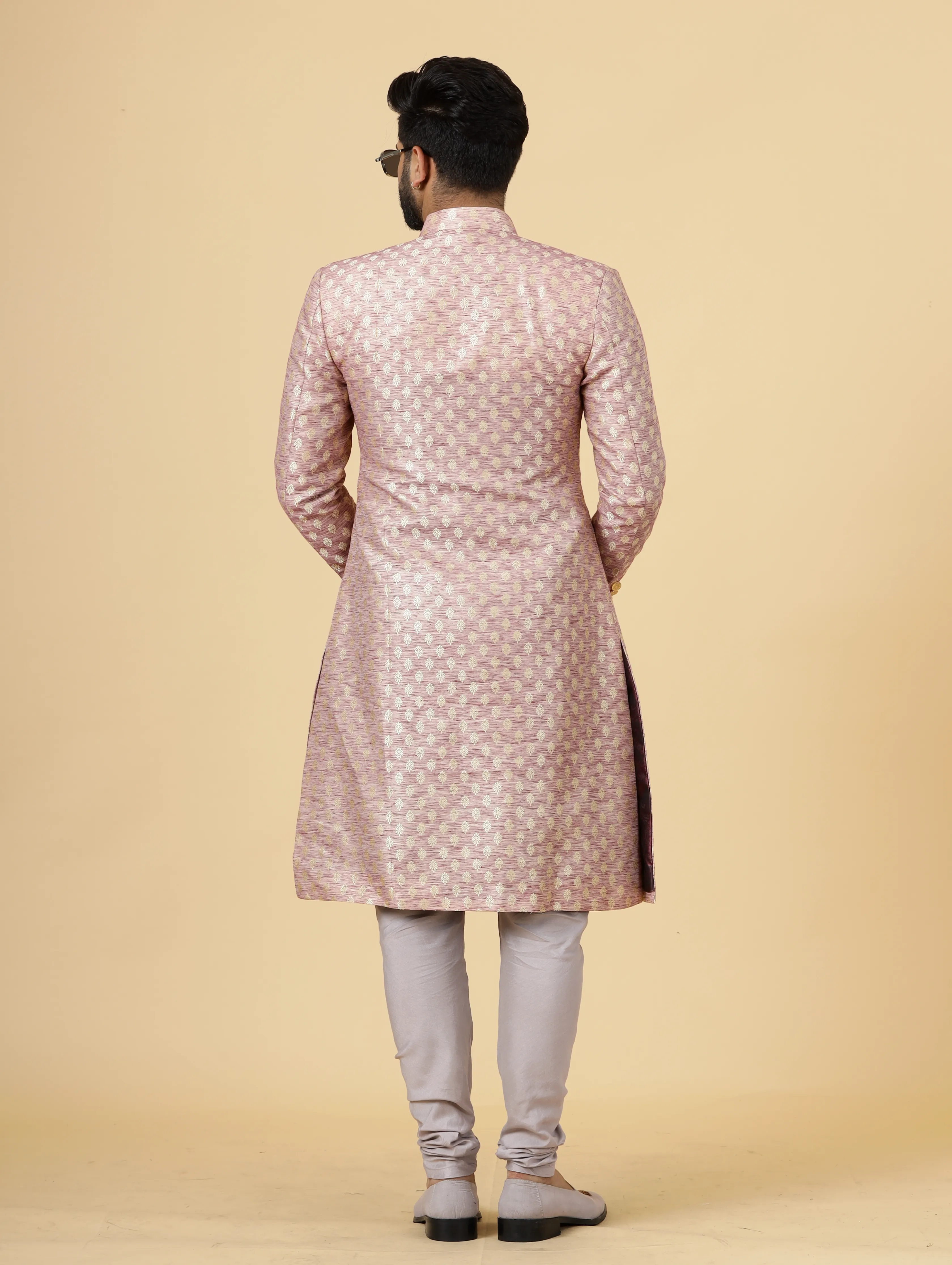 Stunning Rose Gold Banarasi Brocade Achkan for Men | Father Son Combo | Perfect for Grooms