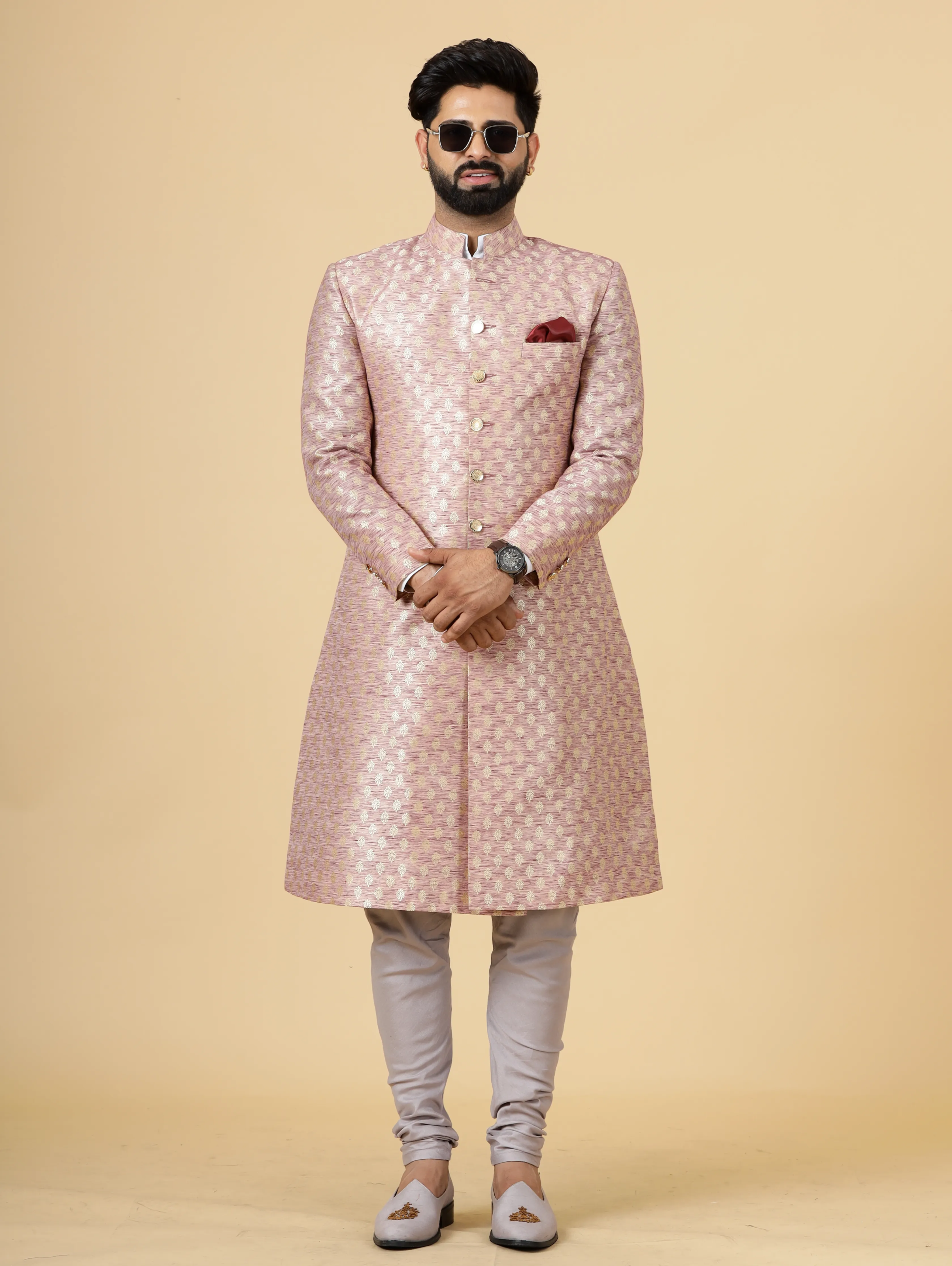 Stunning Rose Gold Banarasi Brocade Achkan for Men | Father Son Combo | Perfect for Grooms