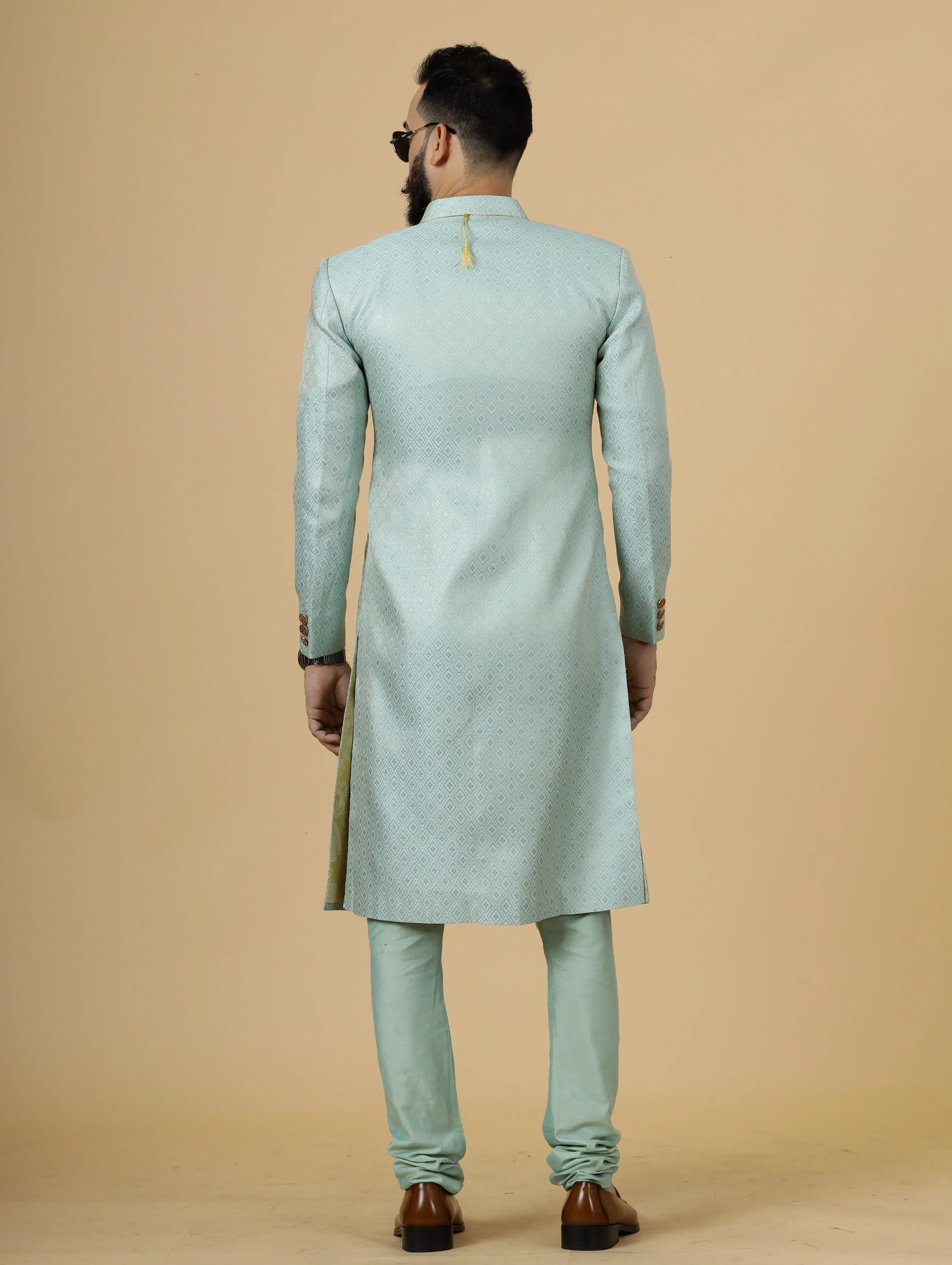 Stunning Sea Foam Banarasi Brocade Achkan for Men | Father Son Combo | Pastel Colour Sherwani | Perfect for Grooms