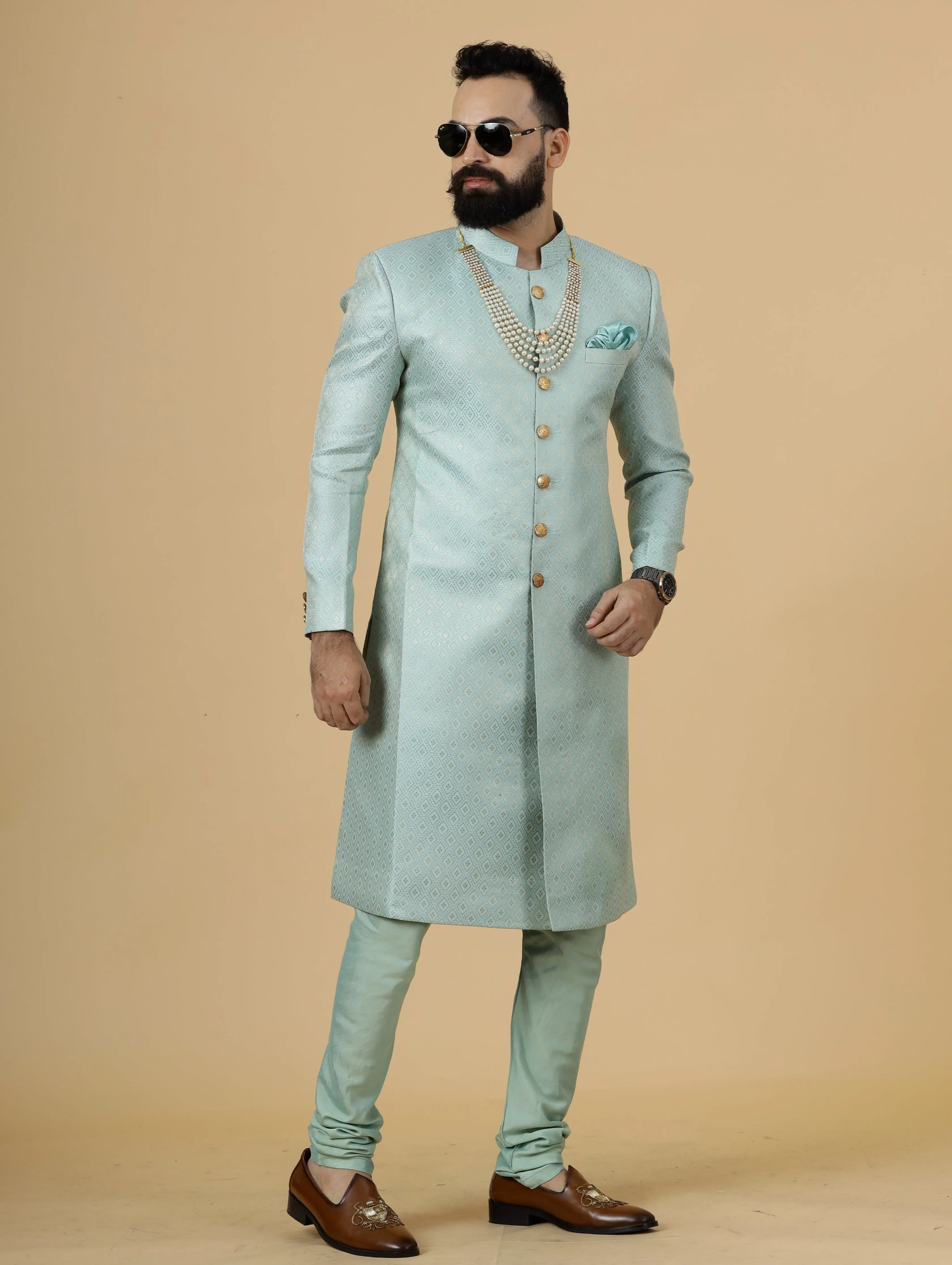 Stunning Sea Foam Banarasi Brocade Achkan for Men | Father Son Combo | Pastel Colour Sherwani | Perfect for Grooms