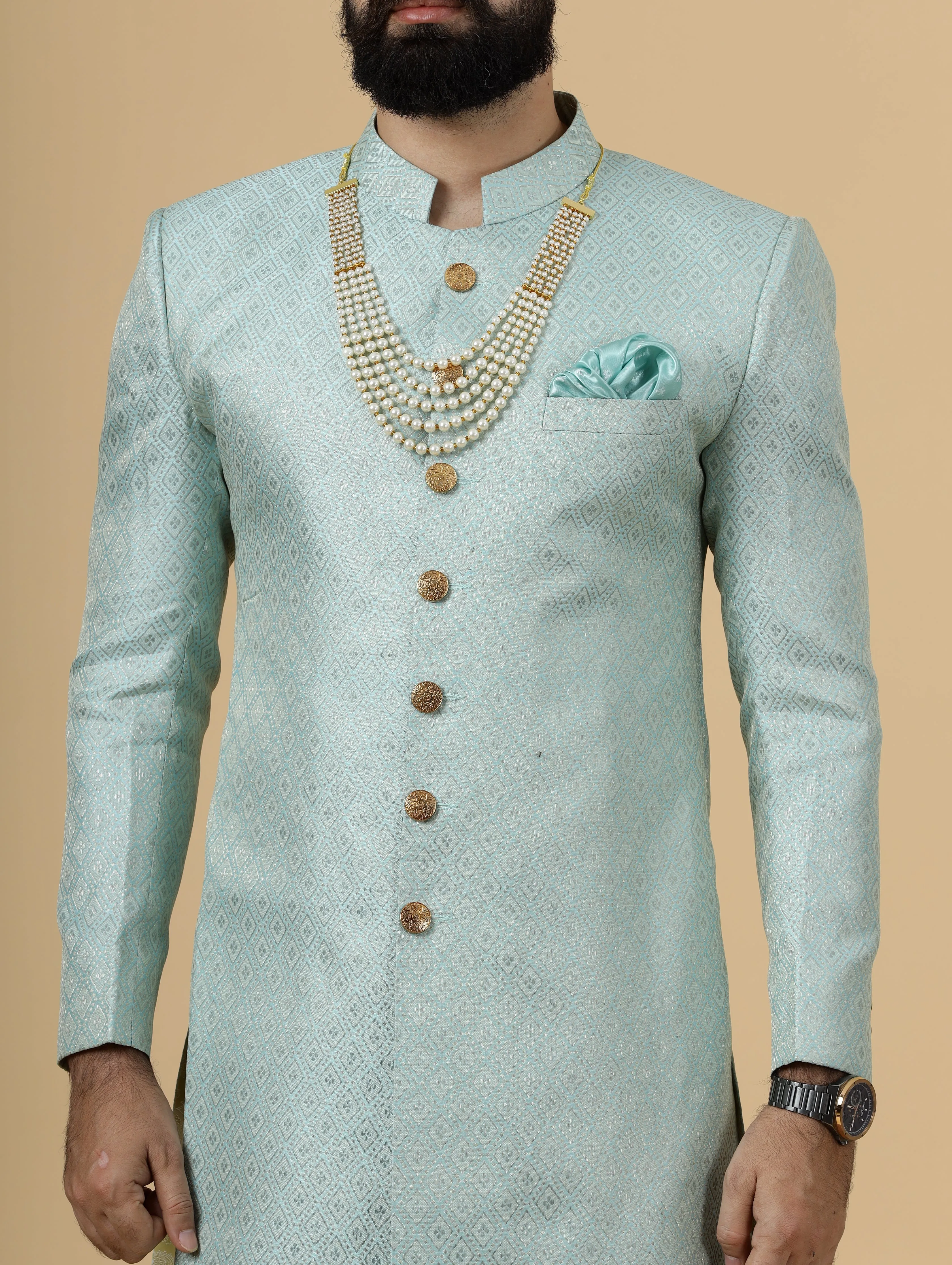 Stunning Sea Foam Banarasi Brocade Achkan for Men | Father Son Combo | Pastel Colour Sherwani | Perfect for Grooms