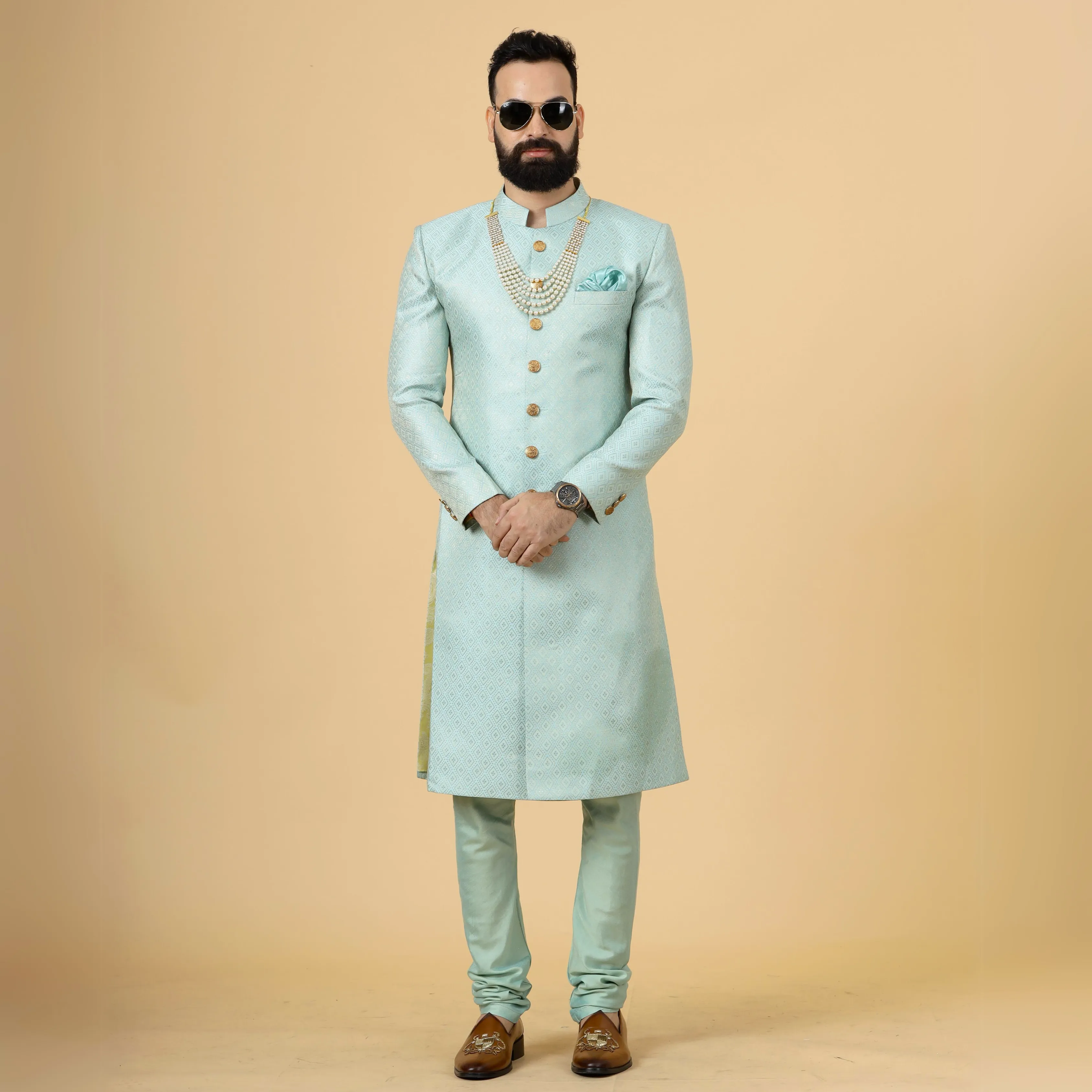 Stunning Sea Foam Banarasi Brocade Achkan for Men | Father Son Combo | Pastel Colour Sherwani | Perfect for Grooms