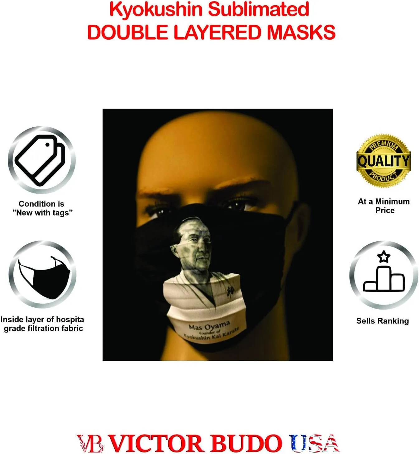 SUBLIMATED KYOKUSHIN KAI DOUBLE LAYER FACE MASKS- PACK OF 6 -BLACK