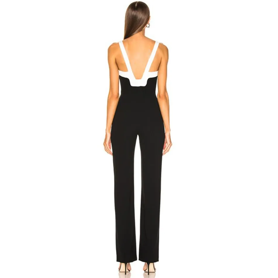 Summer Women's Fashion Bandage Jumpsuits Club Vestidos Black And White Patchwork Backless Ladies Bodycon Jumpsuits