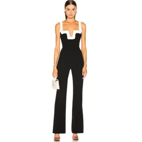 Summer Women's Fashion Bandage Jumpsuits Club Vestidos Black And White Patchwork Backless Ladies Bodycon Jumpsuits