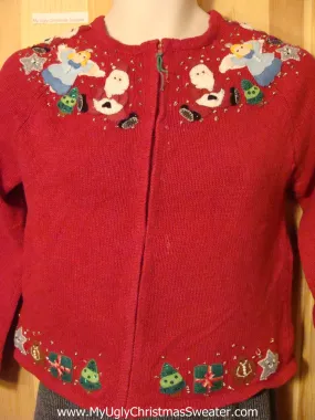 Tacky Cheap Ugly Christmas Sweater with Bling Bead Angels, Santa, and Gifts (f547)