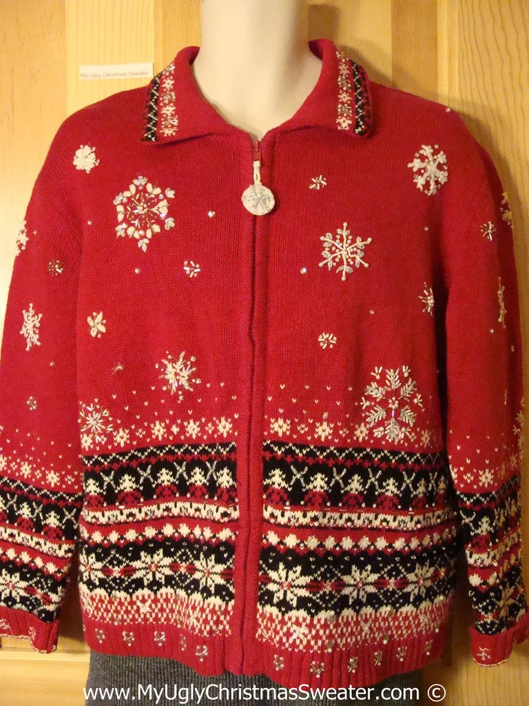 Tacky Christmas Sweater Party Ugly Sweater with Nordic Snowflake Pattern on Front, Back, and Sleeves (f982)