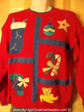 Tacky Retro 80s Cheesy Holiday Sweater with Stocking Bear Candycane Gift and Ornaments and Padded Shoulders (f1143)