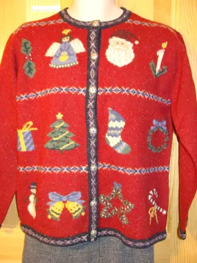 Tacky Ugly Christmas Sweater 2sided with Angel, Tre, Gift, Stocking, Candy Cane, Candle, Snowman, Wreath, Bell, Star (f483)