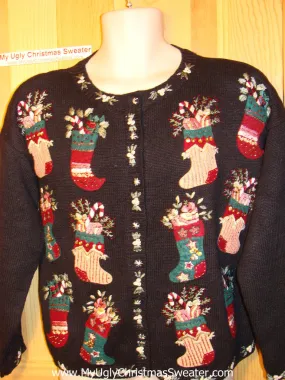 Tacky Ugly Christmas Sweater 80s Padded Shoulders & Loads of Festive Stockings (f58)