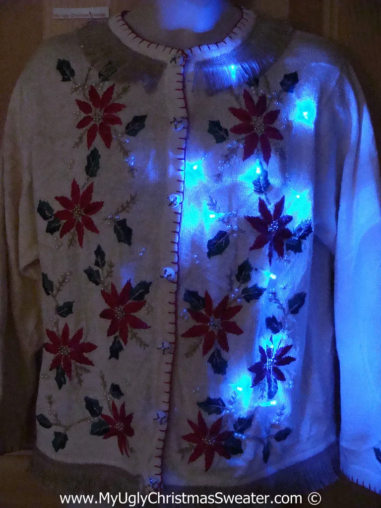 Tacky Ugly Christmas Sweater with Lights and Fringe. Poinsettia Heaven. (g41)