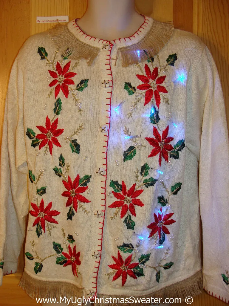 Tacky Ugly Christmas Sweater with Lights and Fringe. Poinsettia Heaven. (g41)