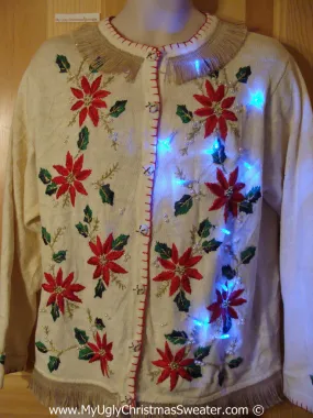 Tacky Ugly Christmas Sweater with Lights and Fringe. Poinsettia Heaven. (g41)