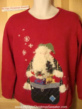 Tacky Ugly Red Christmas Sweater Horrid Santa with Fluffy Beard (f26)