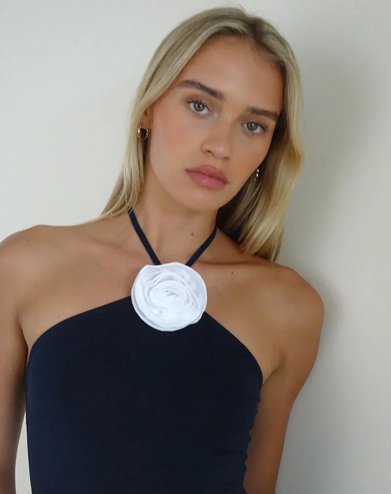 Tarrina Halterneck Top in Dark Navy with White Rosette