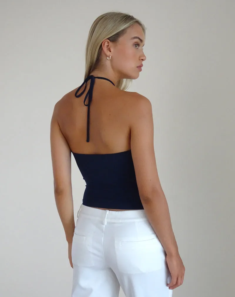 Tarrina Halterneck Top in Dark Navy with White Rosette