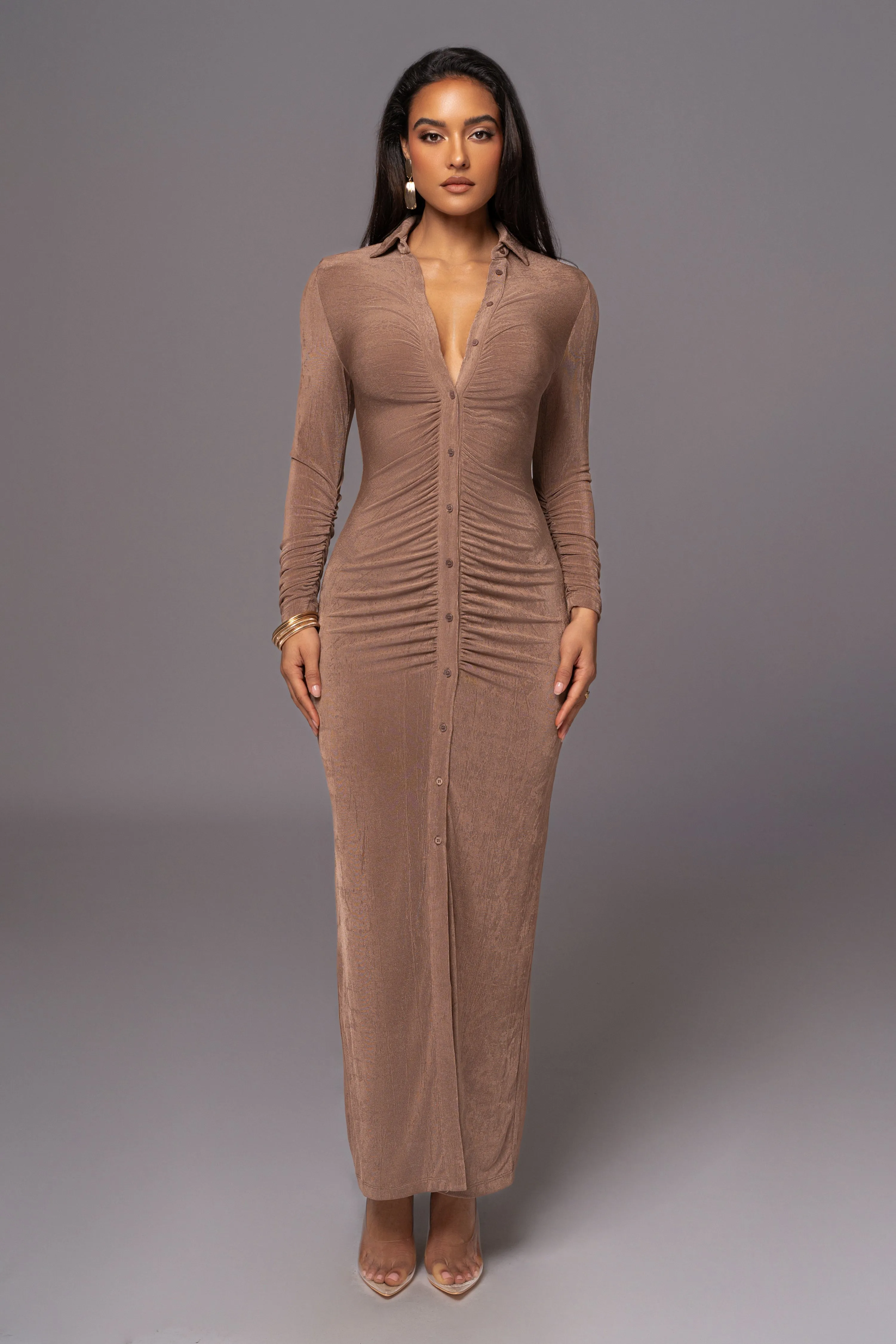 Taupe Zahra Button Front Maxi Dress