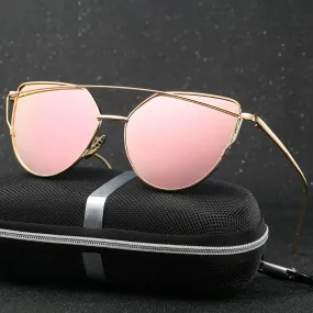 The Best Value Sunglasses For You:2021 Fashion Cat Eye Sunglasses Women Brand Designer Metal Reflective Mirror Sun Glasses For Women Twin-Beams oculos Gafas