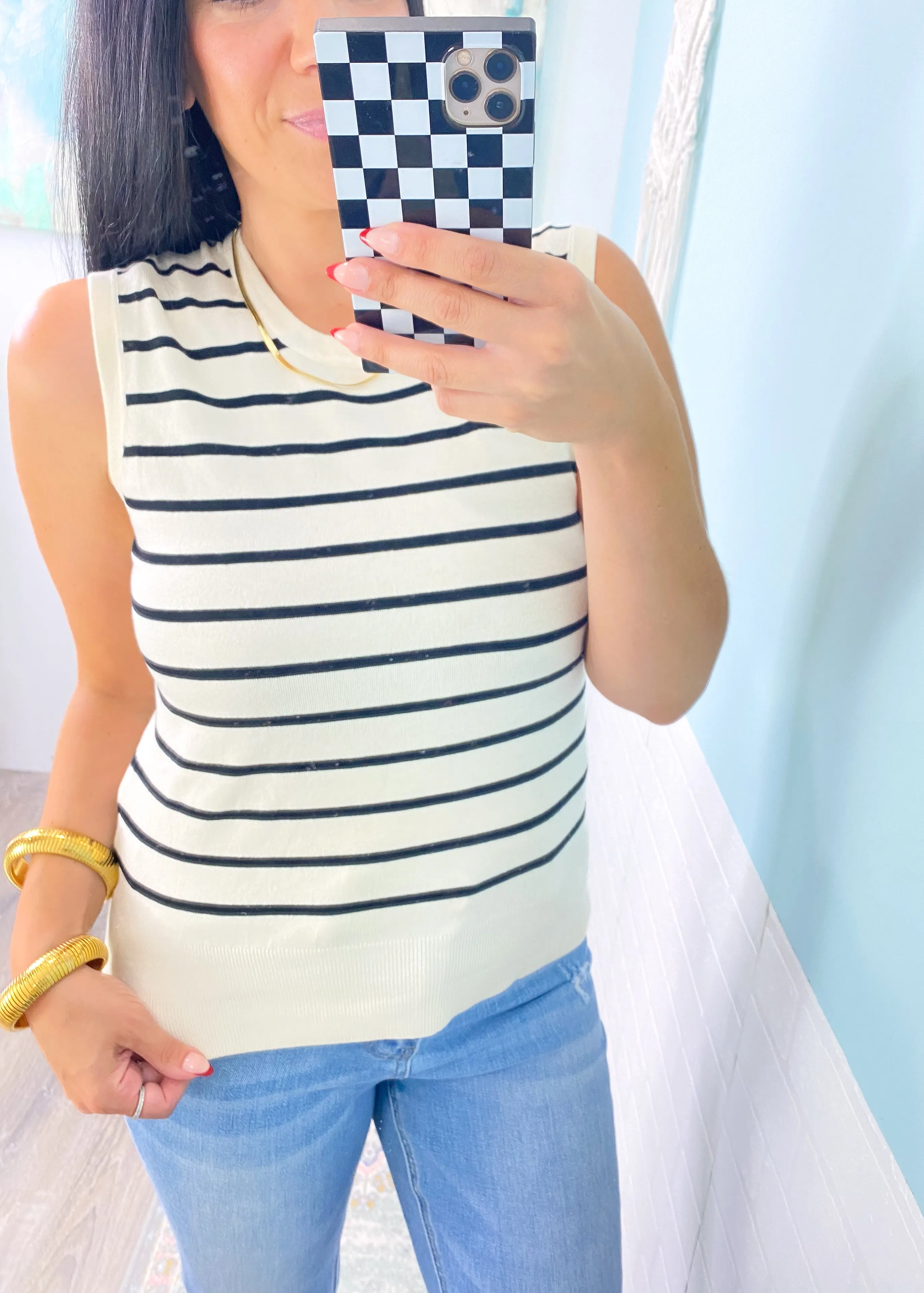 'The Boardwalk' Ivory & Black Stripe Knit Sleeveless Top