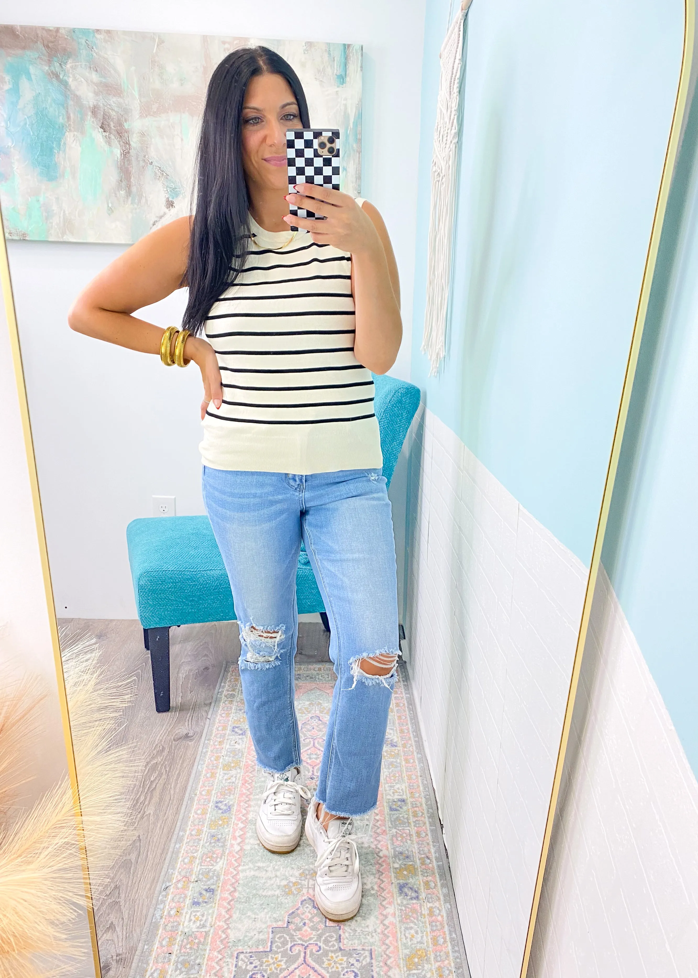 'The Boardwalk' Ivory & Black Stripe Knit Sleeveless Top