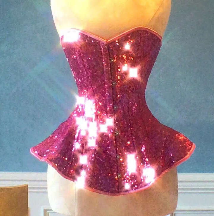 The Ramona Corset. Bespoke high quality authentic peplum style corset from pink sequins on steel bones