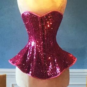 The Ramona Corset. Bespoke high quality authentic peplum style corset from pink sequins on steel bones