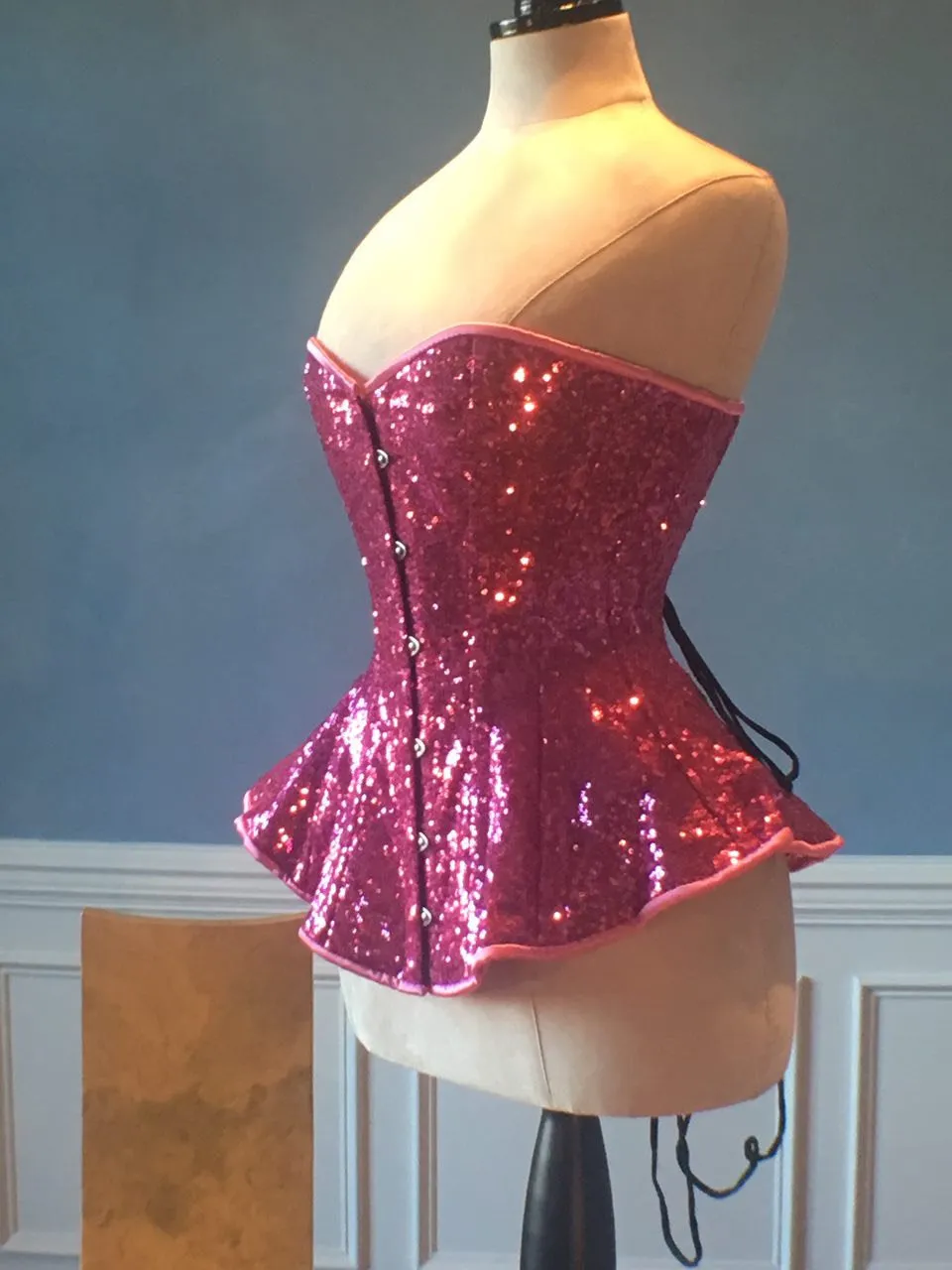 The Ramona Corset. Bespoke high quality authentic peplum style corset from pink sequins on steel bones