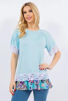 Tunic Top With Lace And Print Detail - Azure/Floral