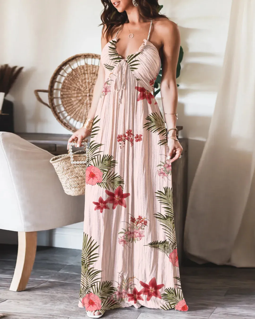 🌸Up to 50% off🔥 Summer Sales👗Sleeveless Print Tie Pleated Dress