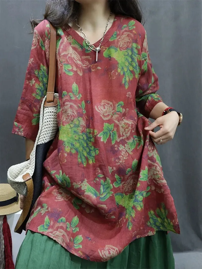 V-Neck Top Ramie Floral Tunic Oversized Tunic Print Beach Tunic Summer Vacation Outfit