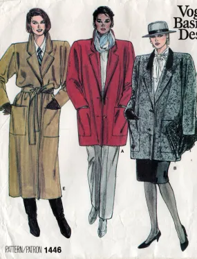 Vogue Basic Design 1446 Womens Lined Overcoats 1980s Vintage Sewing Pattern Size 8 - 12 UNCUT Factory Folded