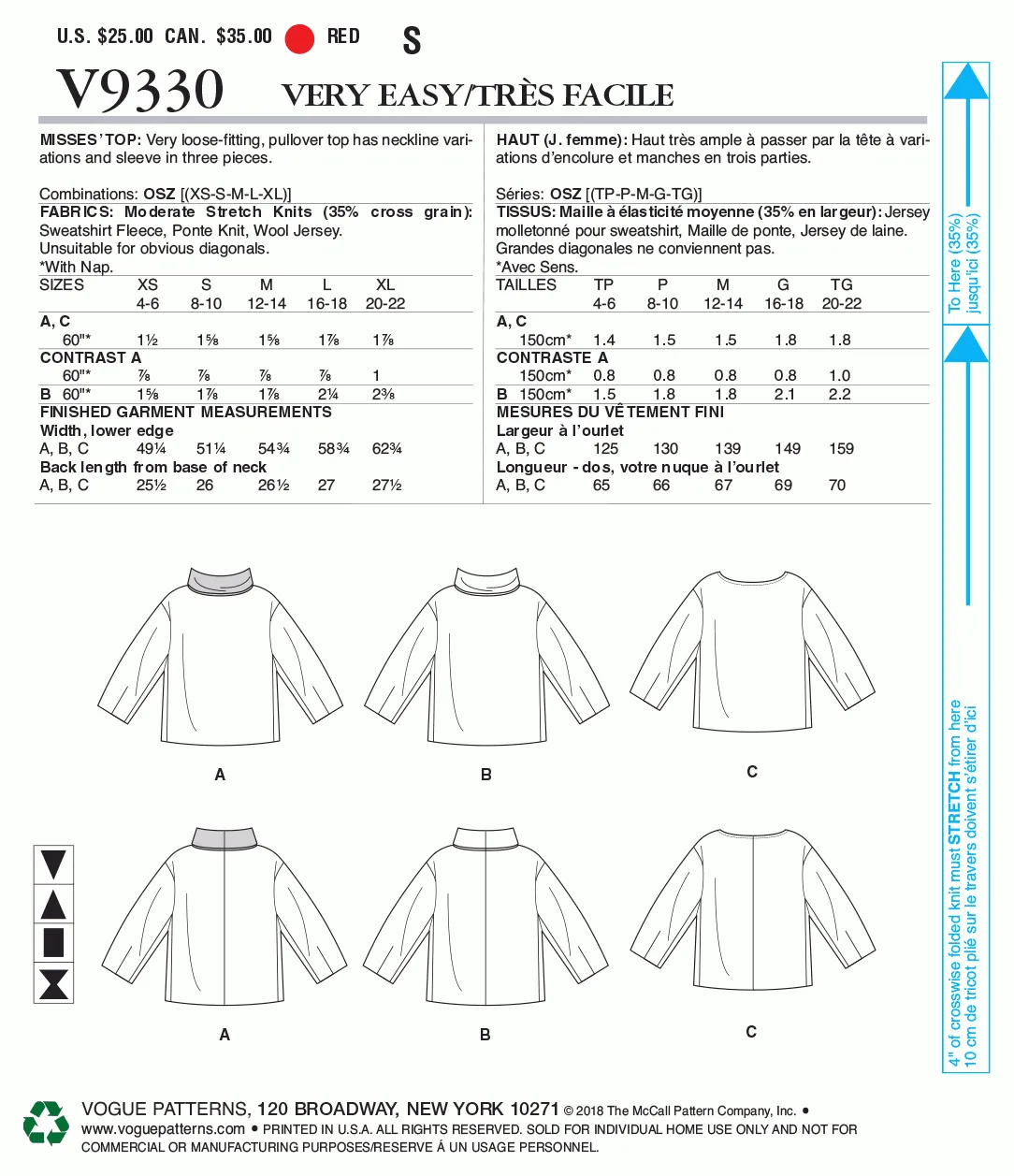 Vogue Pattern V9330 Misses' Top