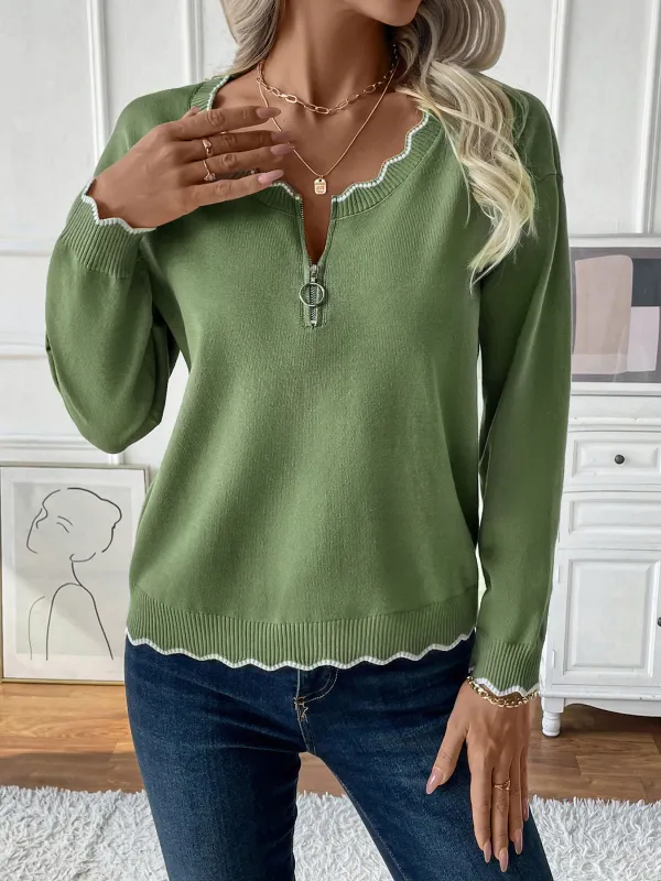 Wavy Contrast Trim Half-Zip Sweater in Olive Green