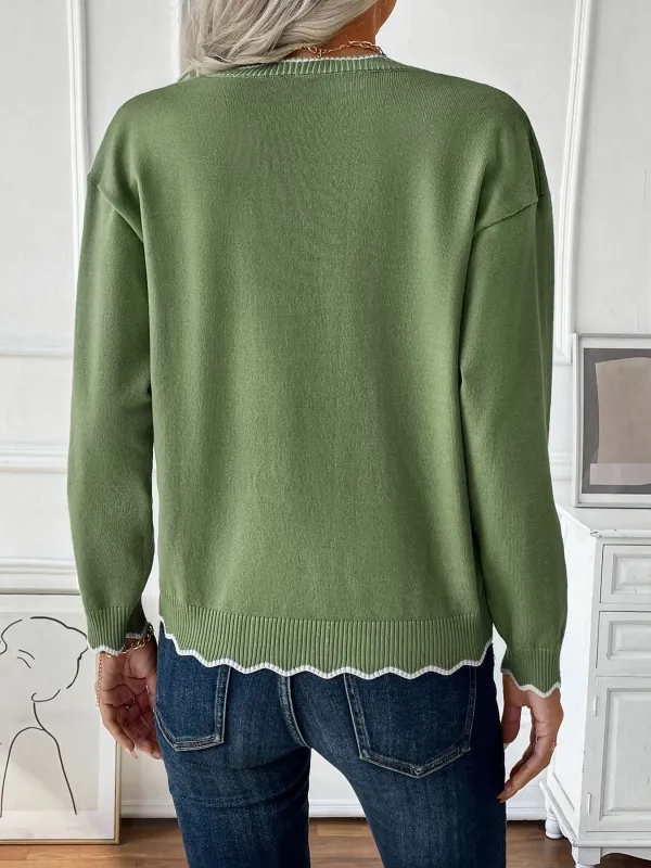 Wavy Contrast Trim Half-Zip Sweater in Olive Green