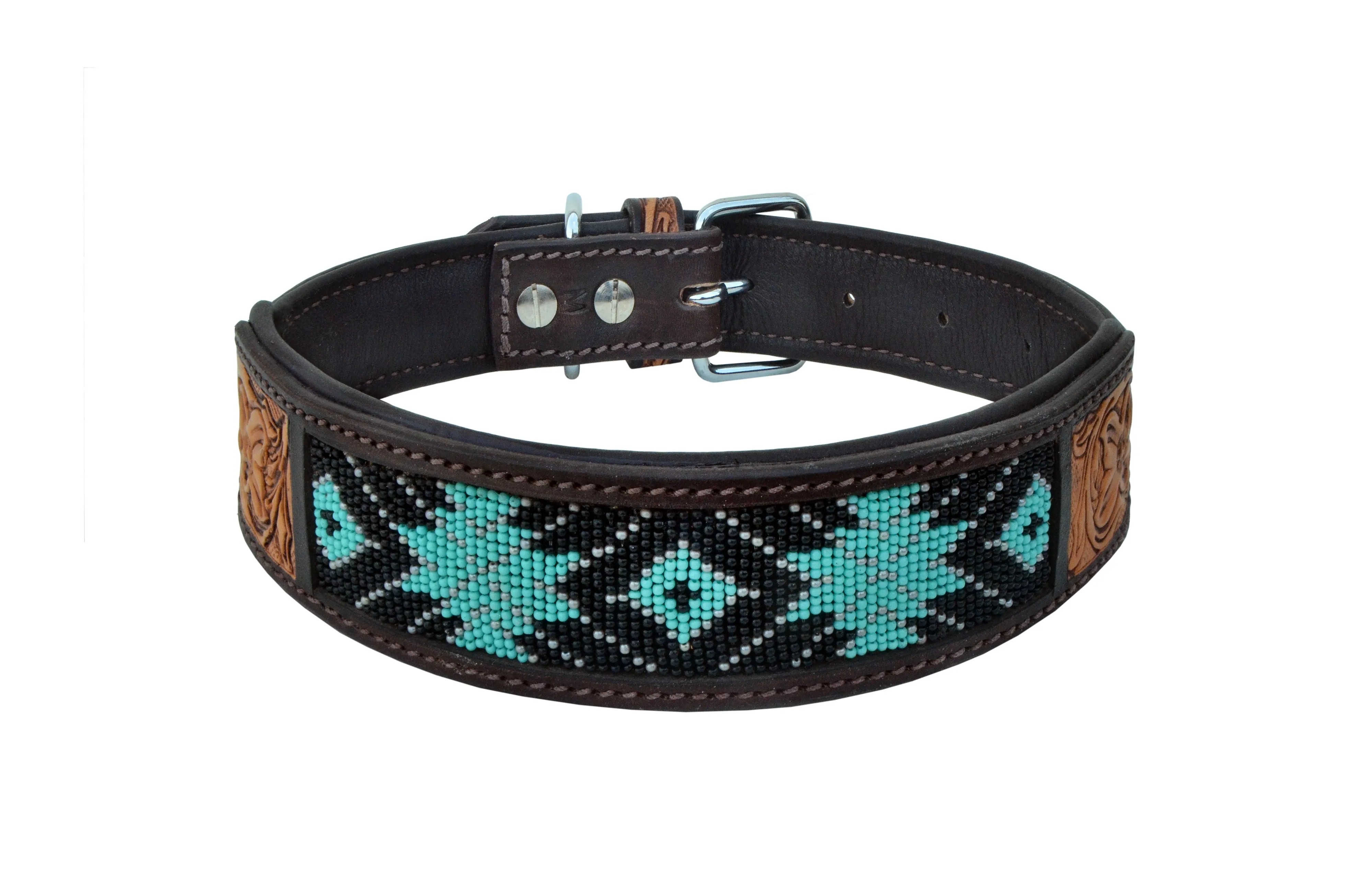 Western Style Beaded and Tooled Leather Dog Collar With Padded Soft Lining 10AB009