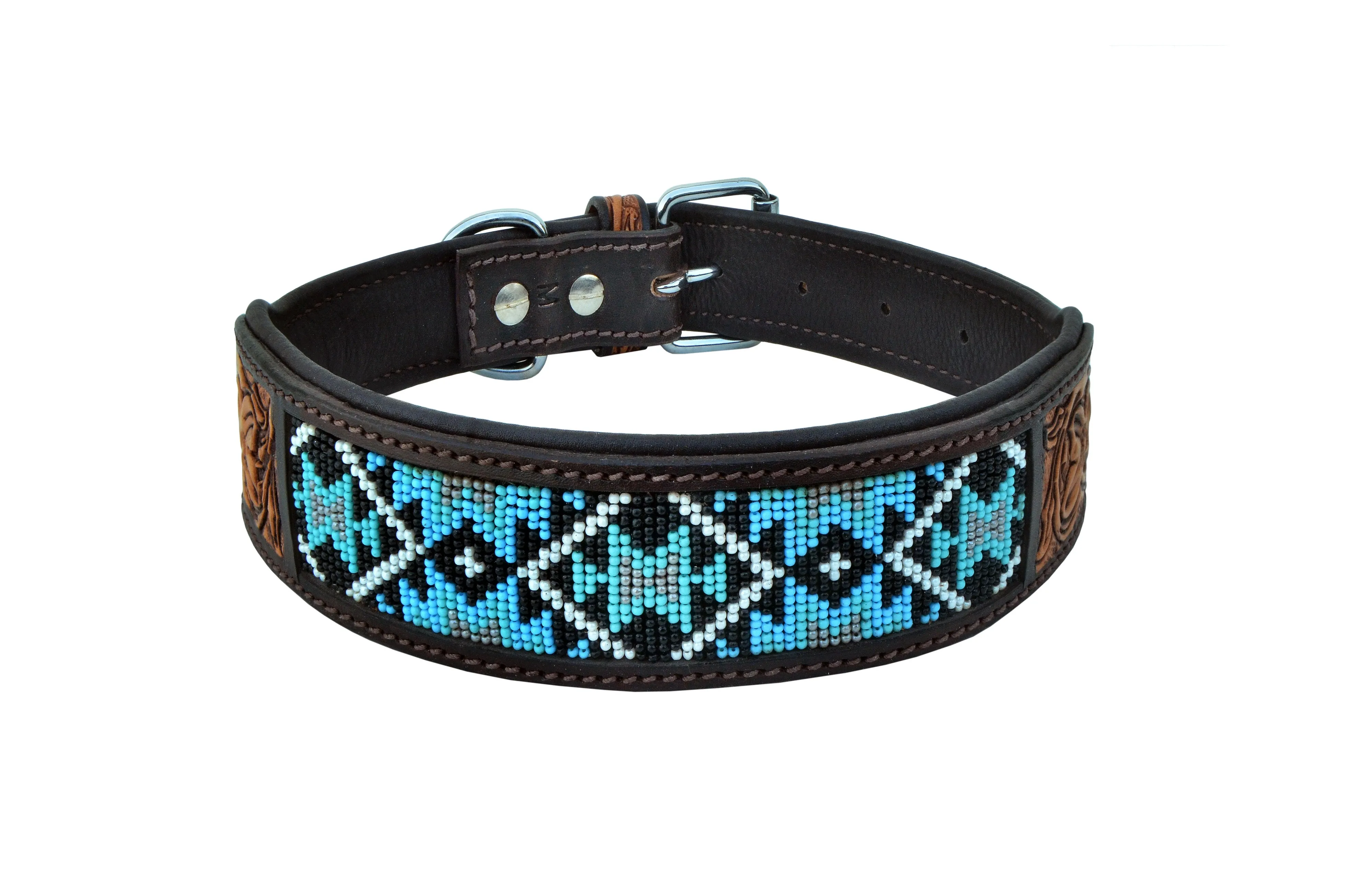 Western Style Beaded and Tooled Leather Dog Collar With Padded Soft Lining 10AB012