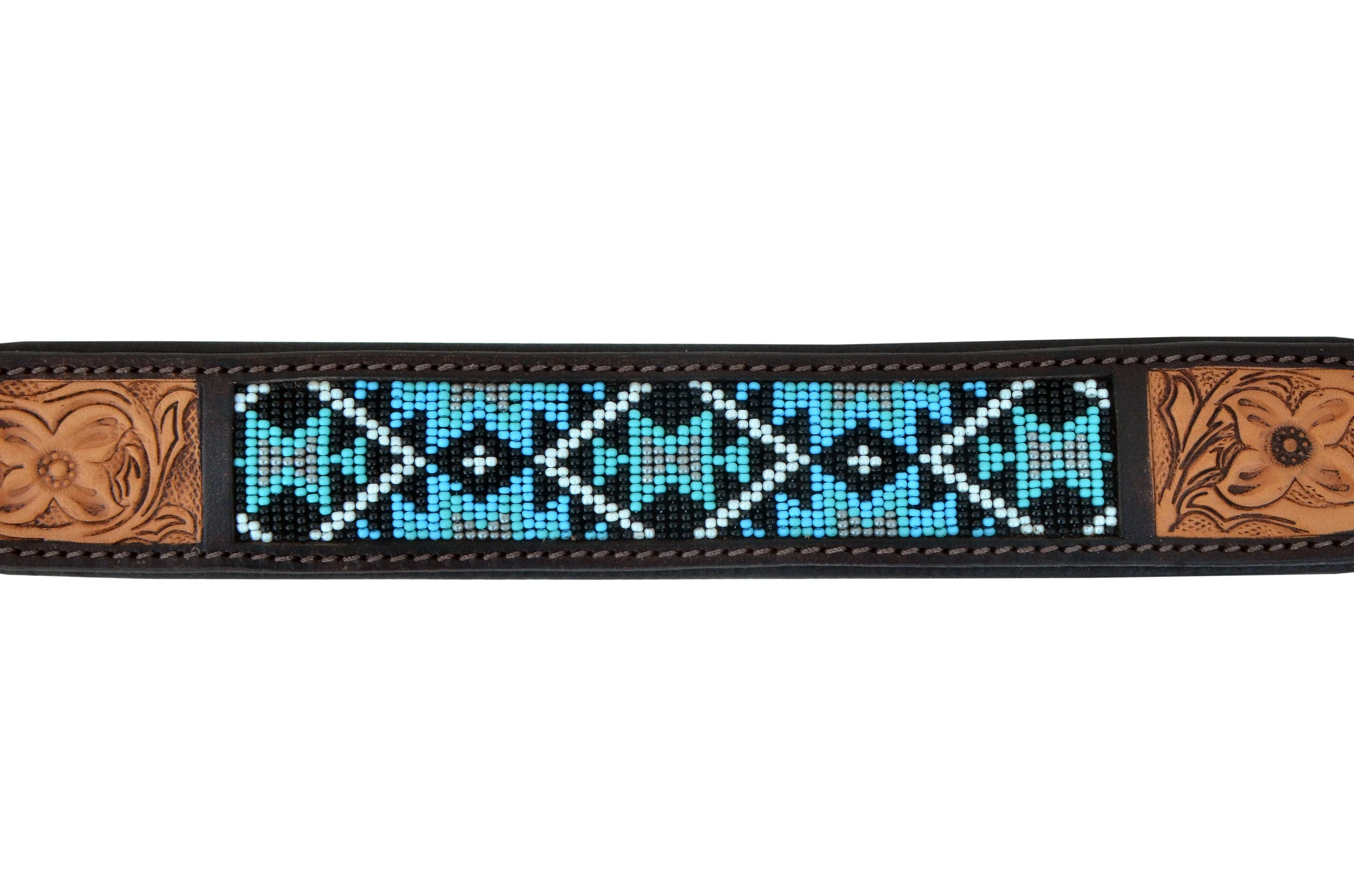 Western Style Beaded and Tooled Leather Dog Collar With Padded Soft Lining 10AB012