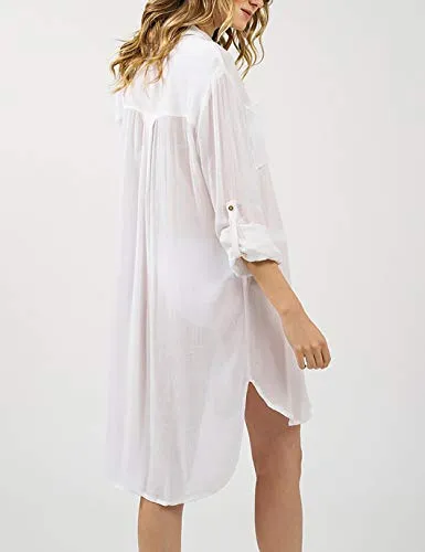 White Long Sleeve Button-Down Tunic: Women's Beach Cover-Up