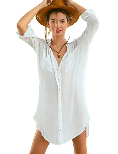 White Long Sleeve Button-Down Tunic: Women's Beach Cover-Up